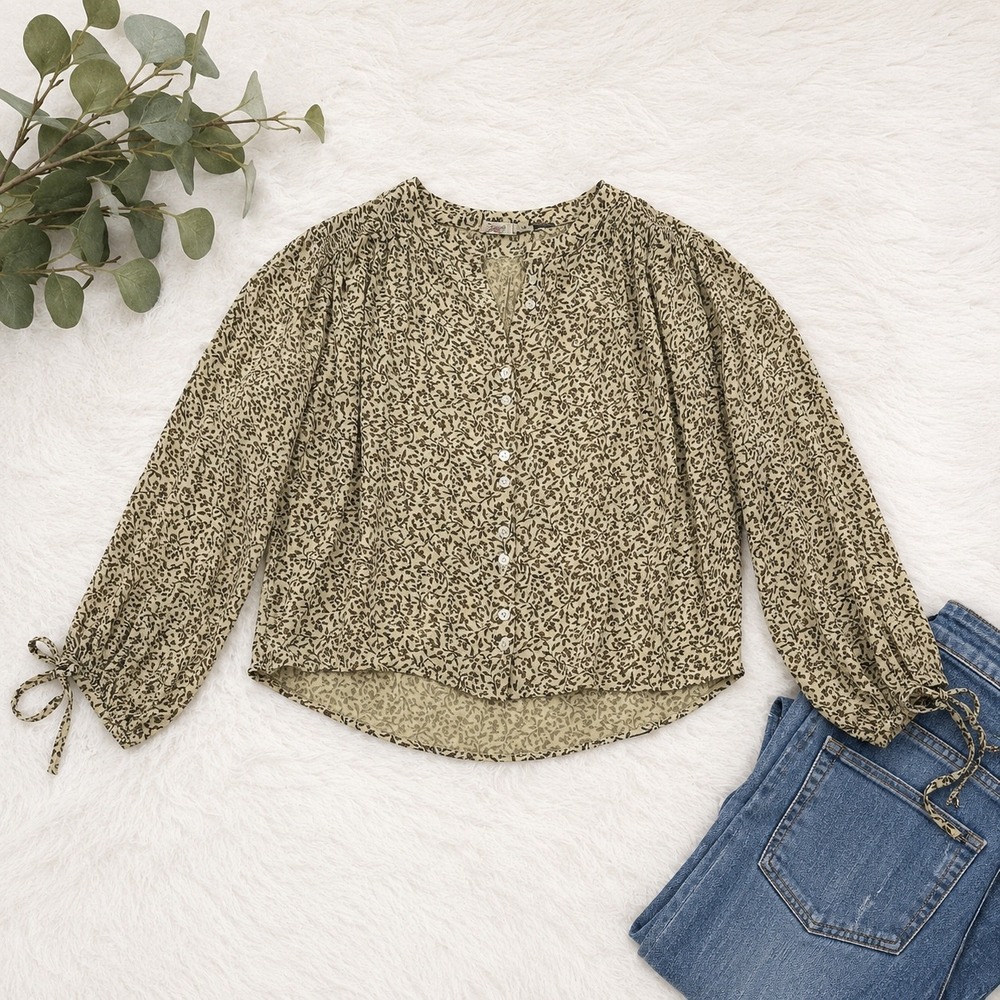 Faherty Floral Button Down Cottagecore Blouse Olive Green Tie Cuff Top Women XL
